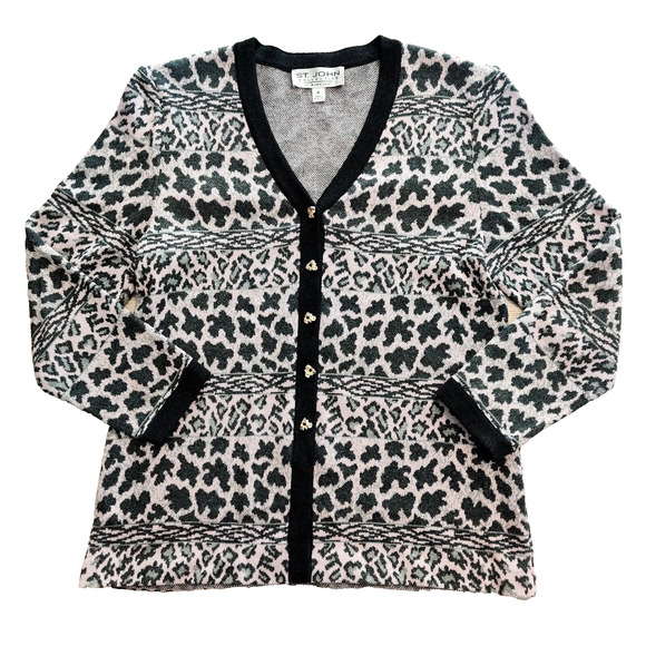 St John Collection Womens Luxury Cardigan Sweater Size 8 Pale Pink Animal Print